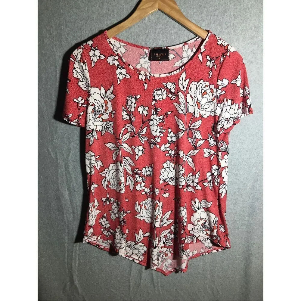 Womens Amana Blouse Red Floral Scoop Neck White Bedazzled V Line Hem